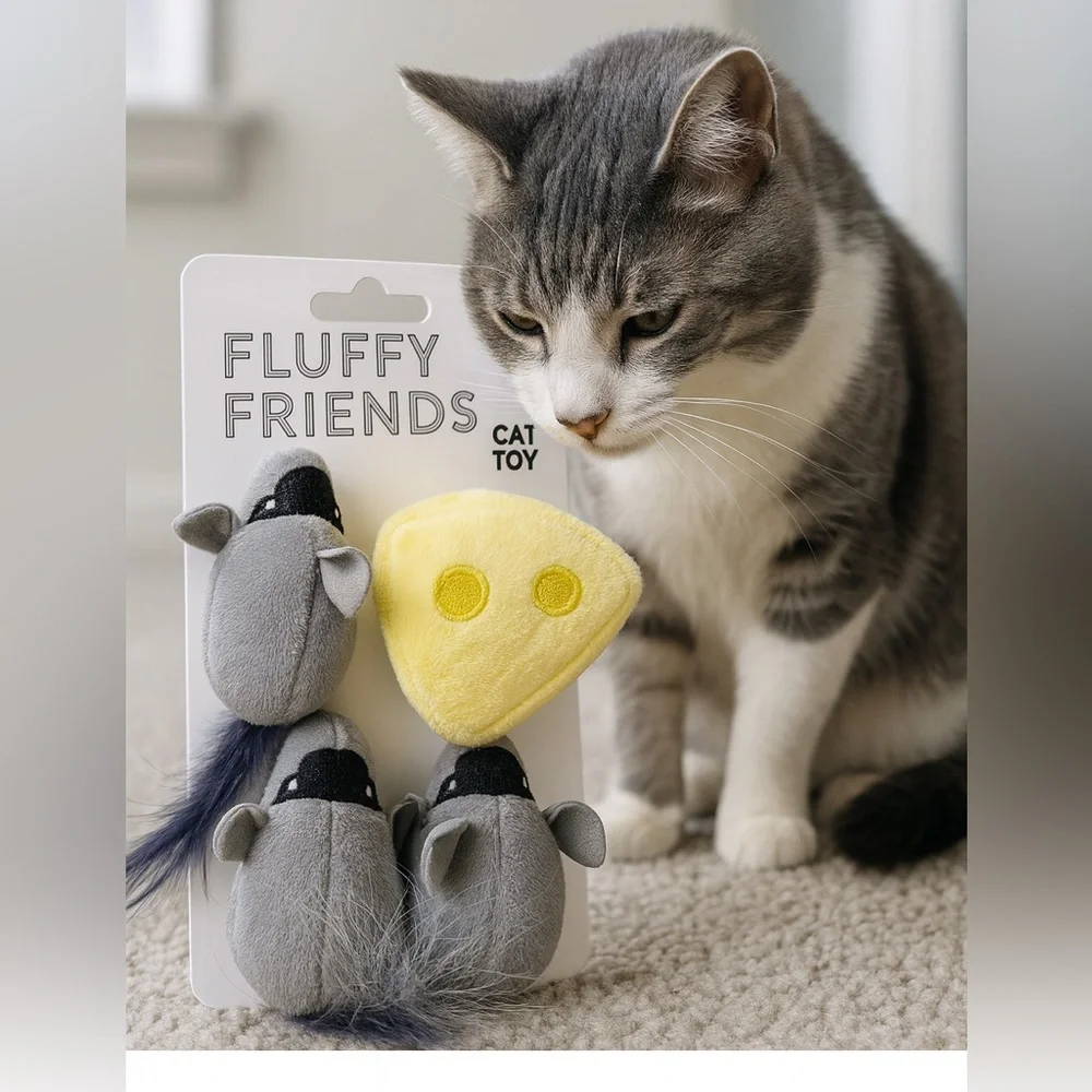 Fluffy Friends Cat Toy Set 3 Mice & Cheese Plush Interactive Toys for Cats